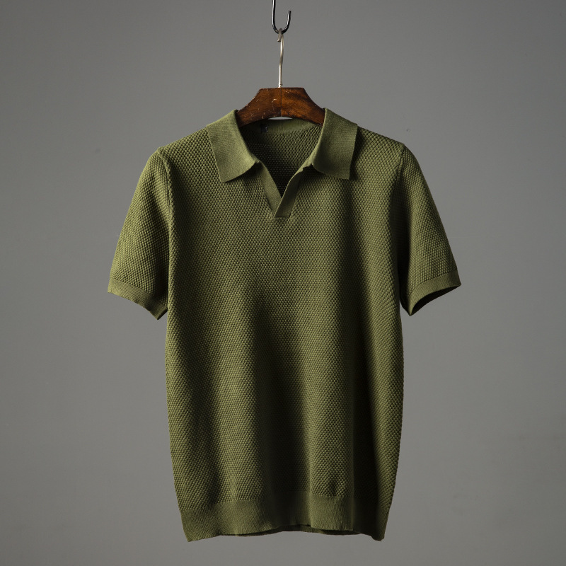 Men's white textured knit polo shirt relaxed fit with soft spread collar and V-placket