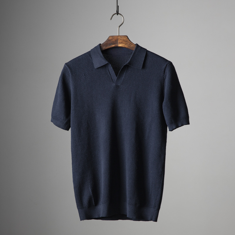 Lennox white textured knit polo shirt with soft spread collar and V-placket tailored fit