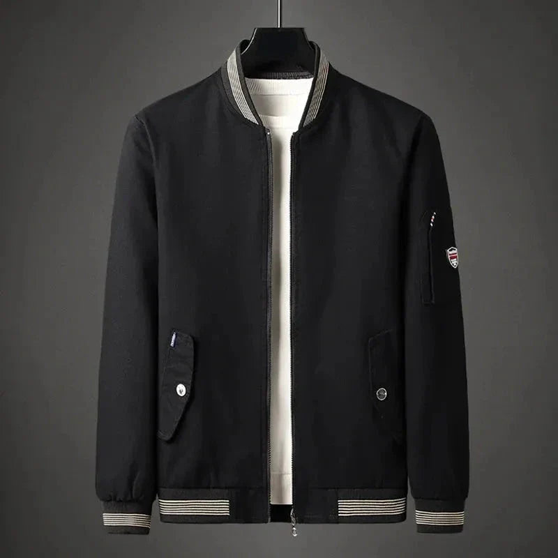 Men's navy tailored bomber jacket ribbed cuffs hem structured silhouette everyday style