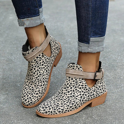 Women's leopard print ankle boots, block heel V-cut silhouette, bold animal print style