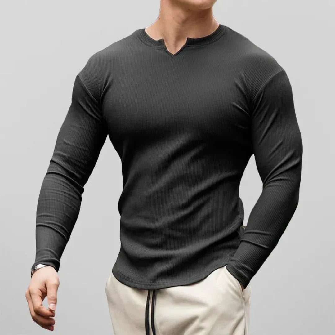 Men's slim fit ribbed cotton Henley shirt long sleeve V-neck in neutral tones