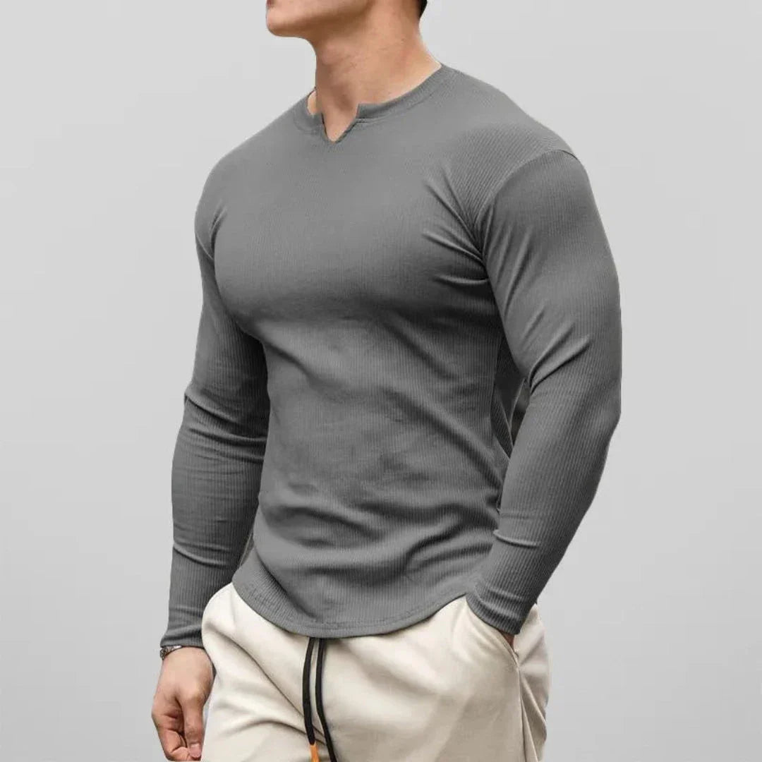 Men's slim fit ribbed henley shirt long sleeve cotton blend with V-neck in neutral tone
