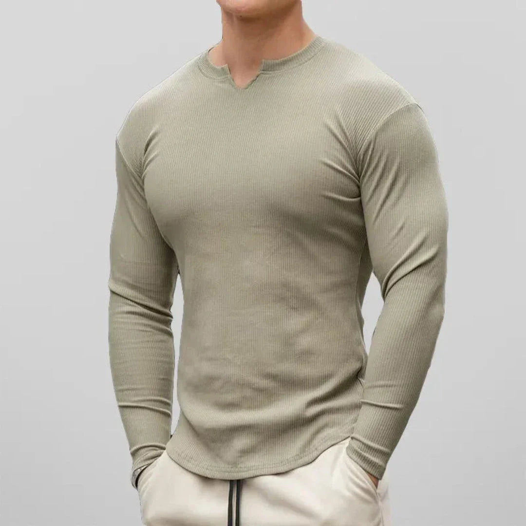 Men's slim fit ribbed cotton Henley shirt long sleeve V-neck in neutral tone