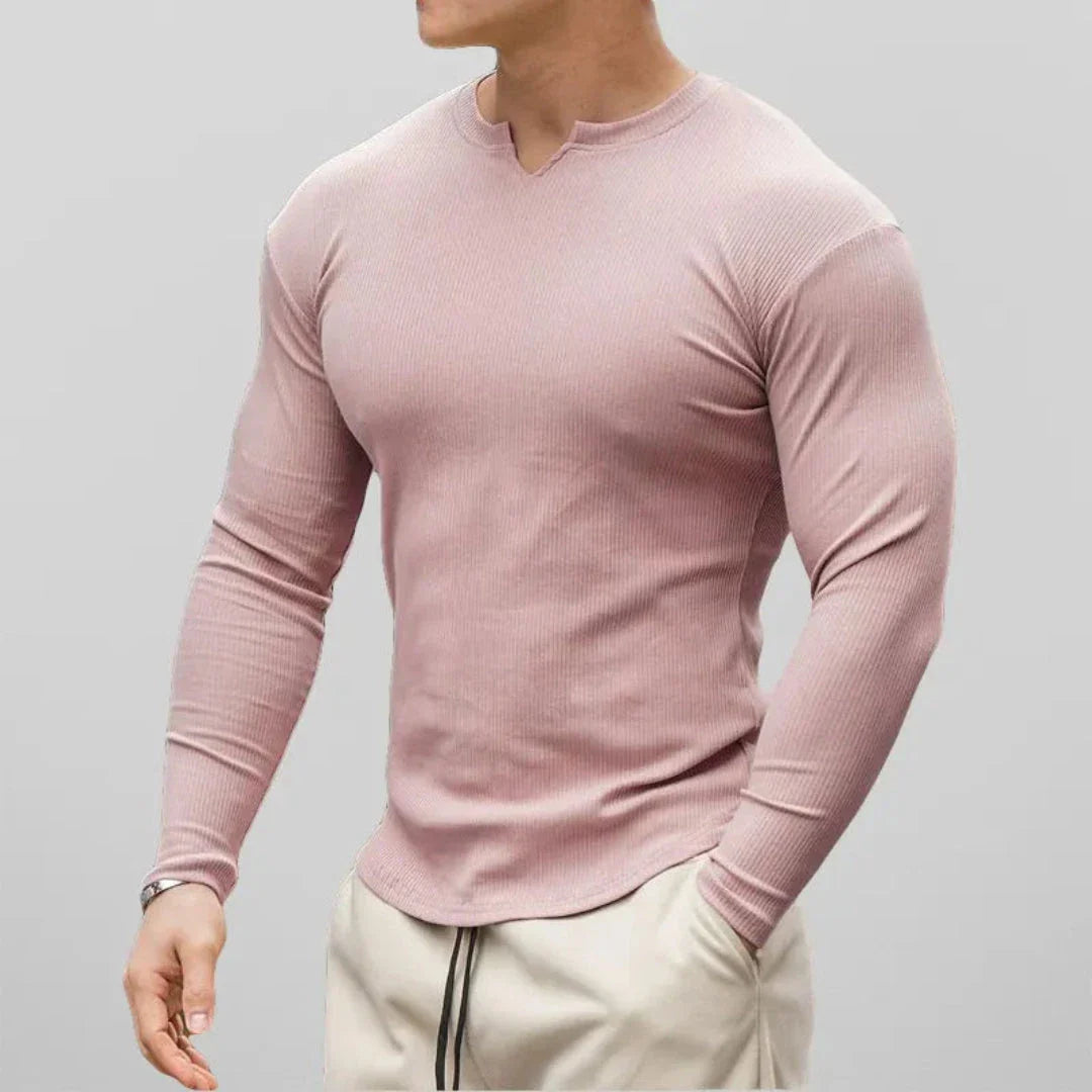 Men's slim fit ribbed henley shirt long sleeve cotton blend with V-neck in neutral tone