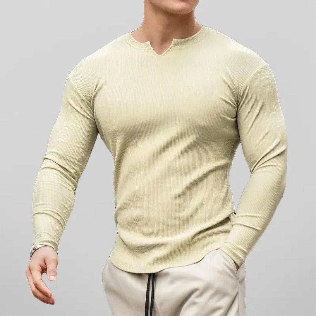 Men's slim fit ribbed cotton Henley shirt long sleeve V-neck in neutral tone