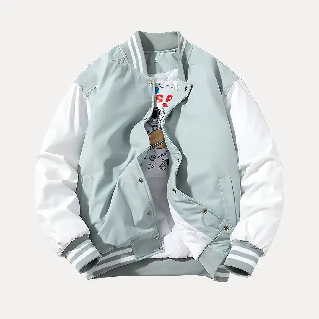 Men's patchwork varsity jacket with detachable hood, bold multicolor panels, button-up casual winter coat