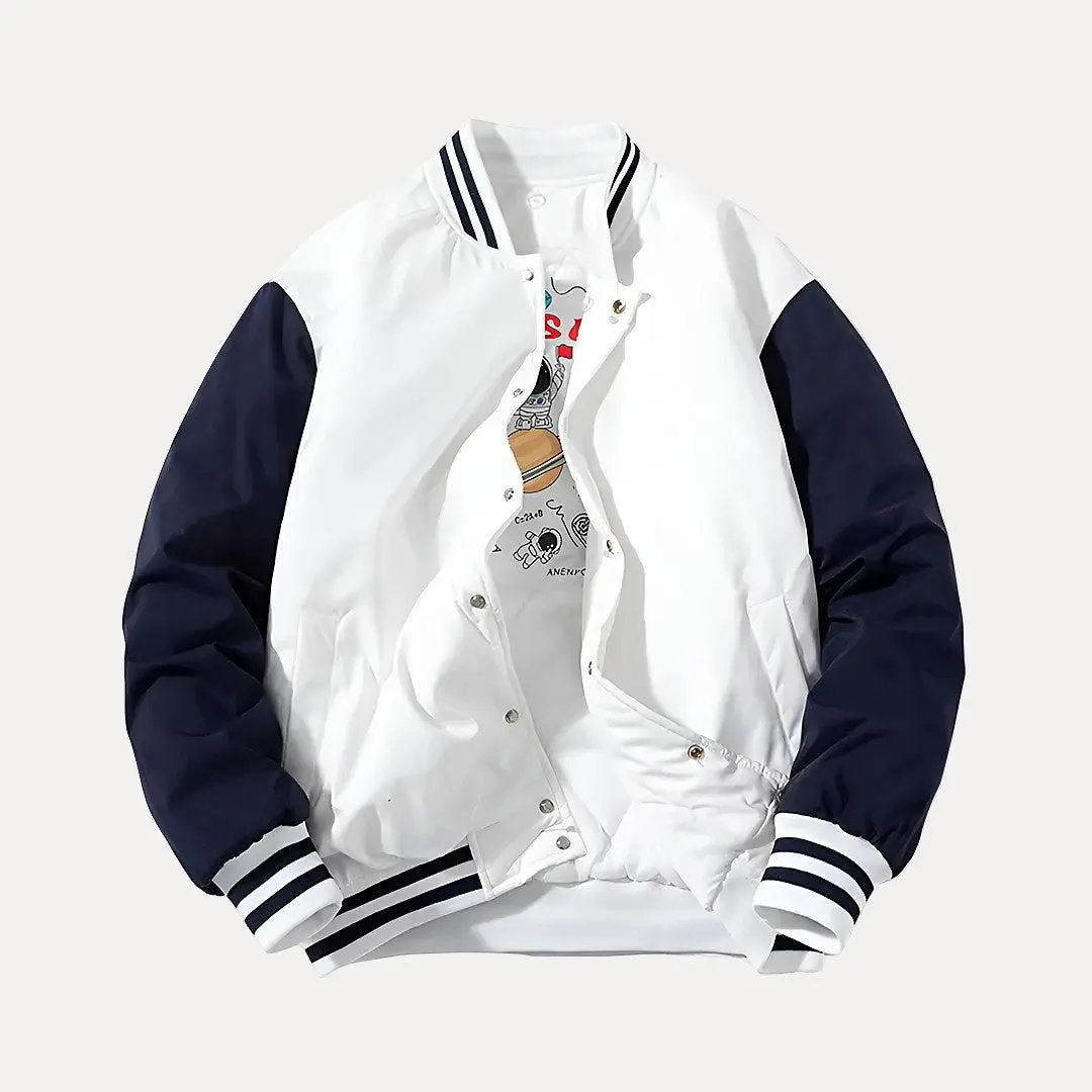 Liam patchwork varsity jacket with detachable hood, bold multicolor patches, button-up front, casual winter style