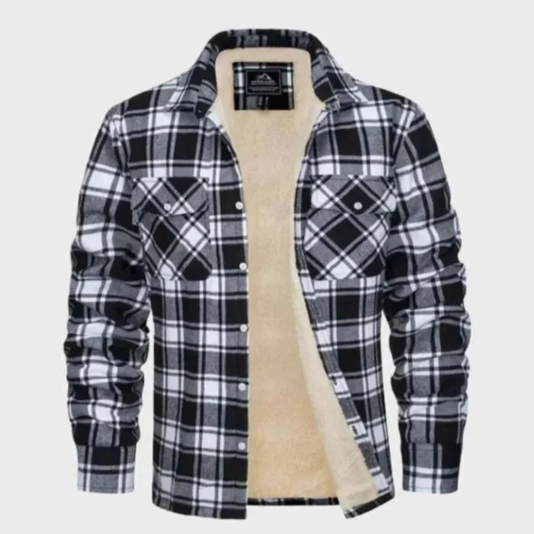 Unisex plaid flannel jacket sherpa lined with button-down front and chest pockets for rugged winter warmth