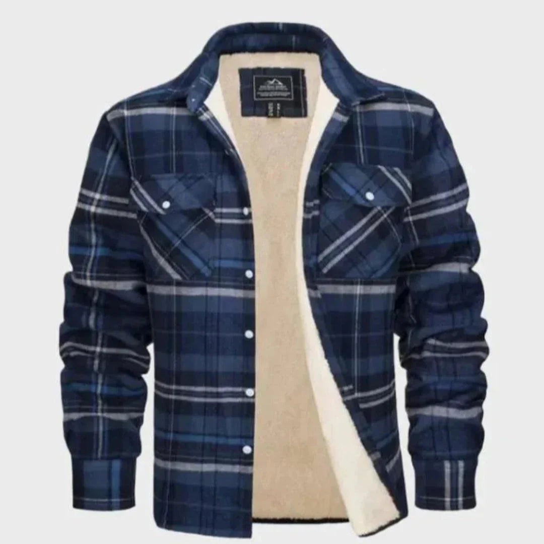 Unisex plaid flannel jacket sherpa-lined with button-down front and chest pockets for rugged winter warmth