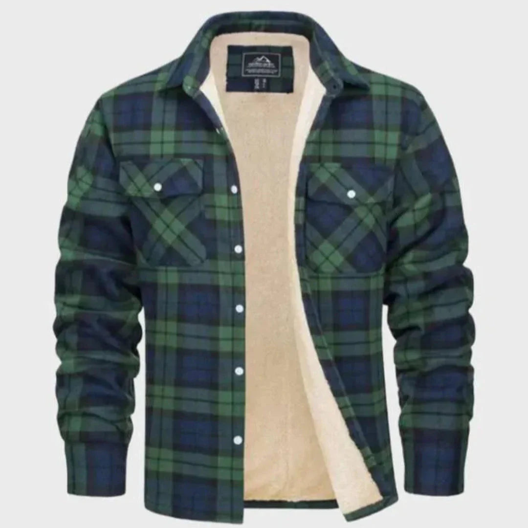 Unisex plaid flannel jacket sherpa lined with button-down front and chest pockets for rugged winter warmth