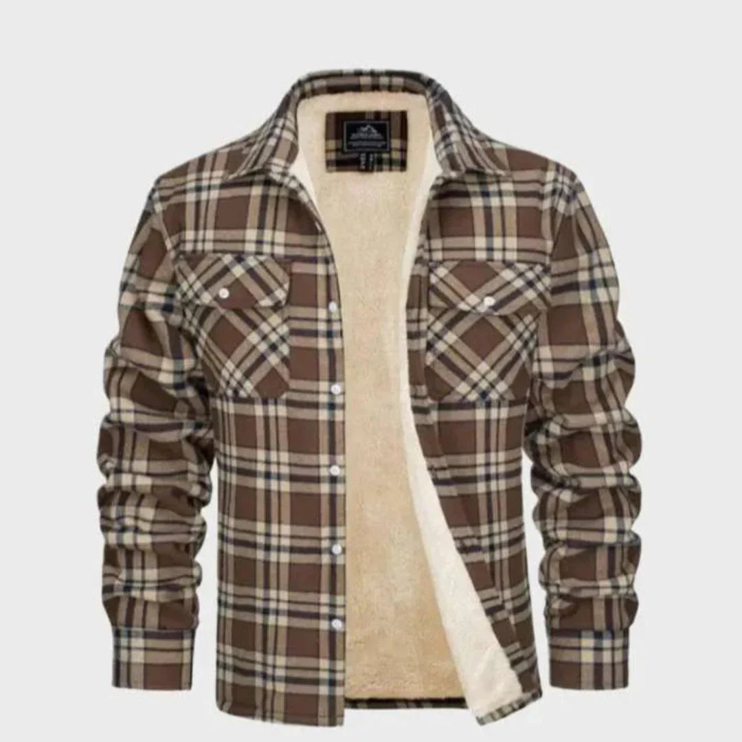 Unisex plaid flannel jacket sherpa lined with button-down front and chest pockets for rugged winter warmth