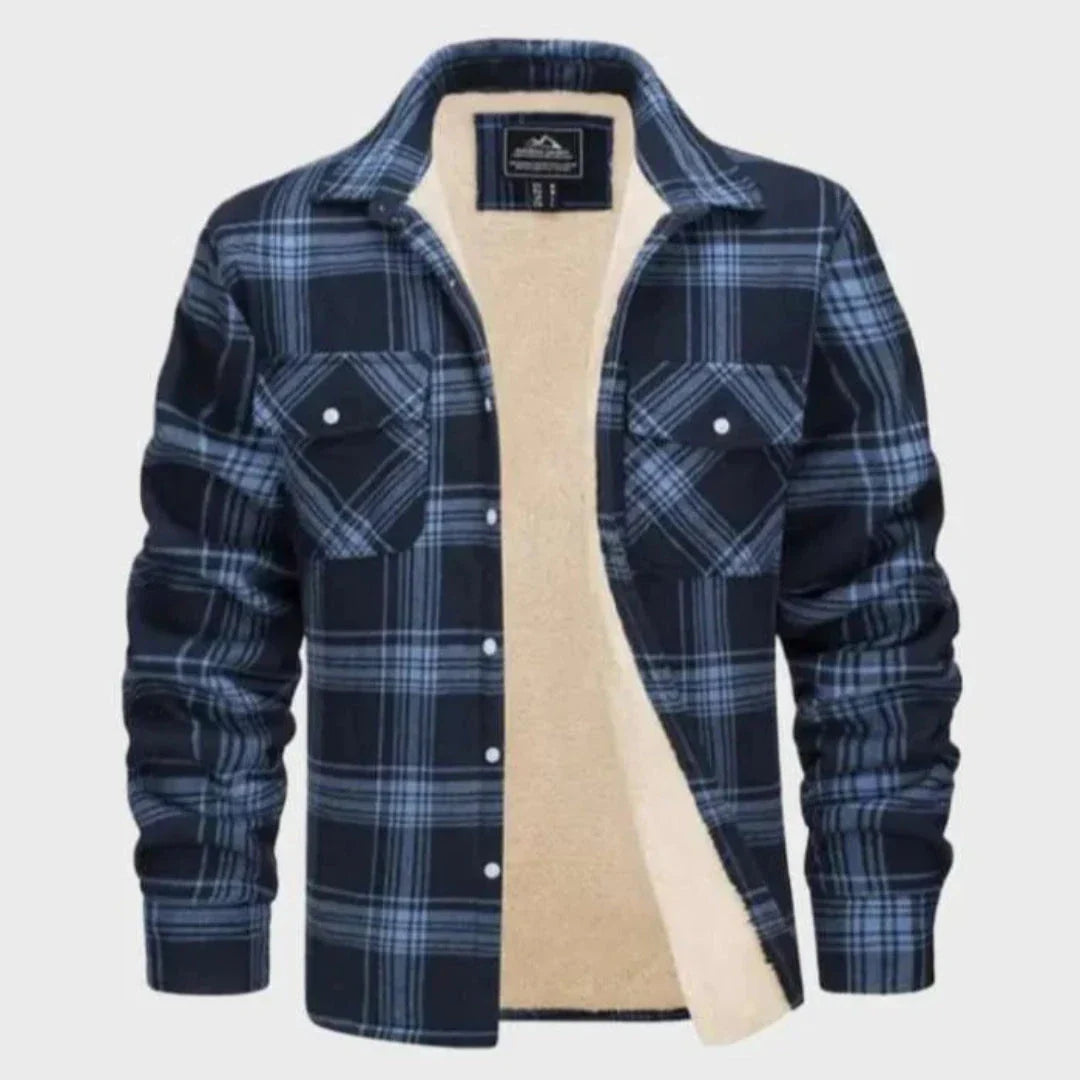 Unisex plaid flannel jacket sherpa lined with button-down front and chest pockets for rugged winter warmth