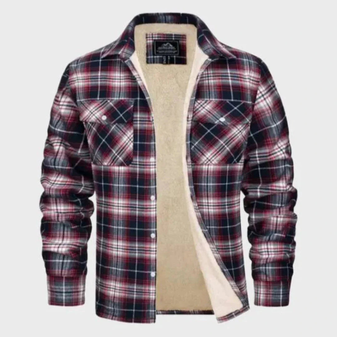 Unisex plaid flannel jacket sherpa-lined with button-down front and chest pockets for rugged winter warmth