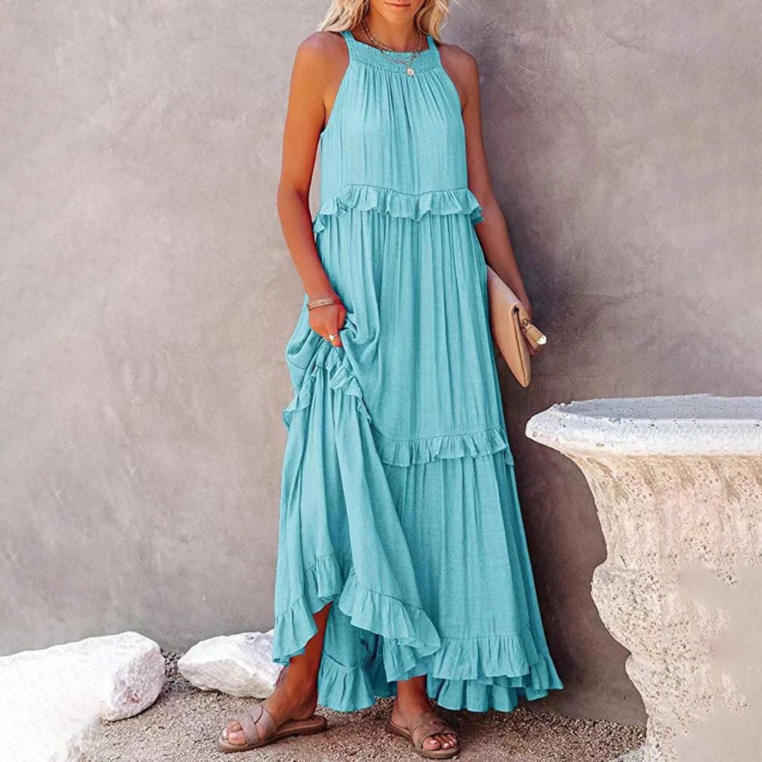 Women's sleeveless halterneck maxi dress, A-line silhouette, light airy fabric for effortless summer style