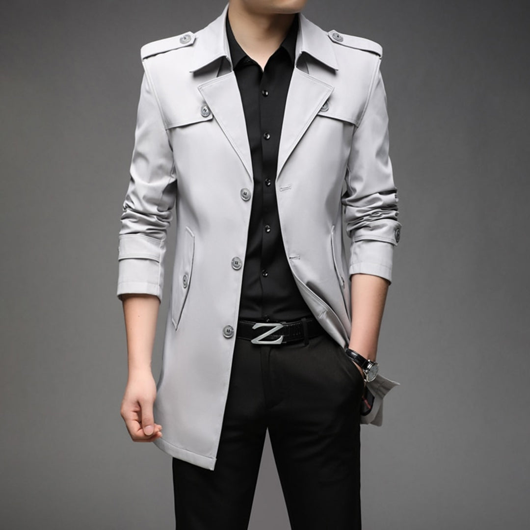 Men's beige single-breasted lightweight trench coat with streamlined silhouette for transitional wear