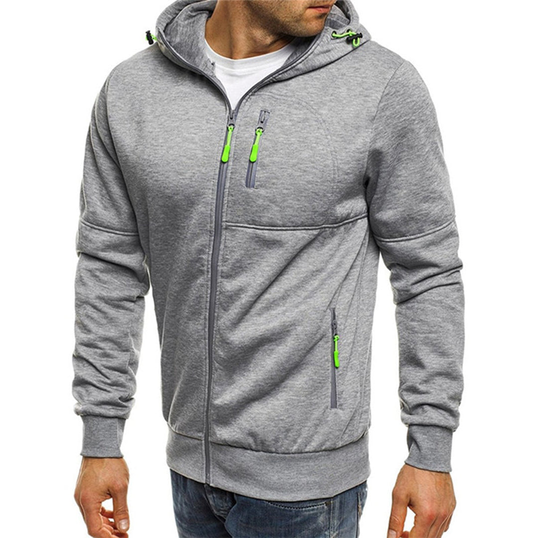 Men's slim fit full-zip hoodie in solid color with ribbed edges and secure zipper pocket