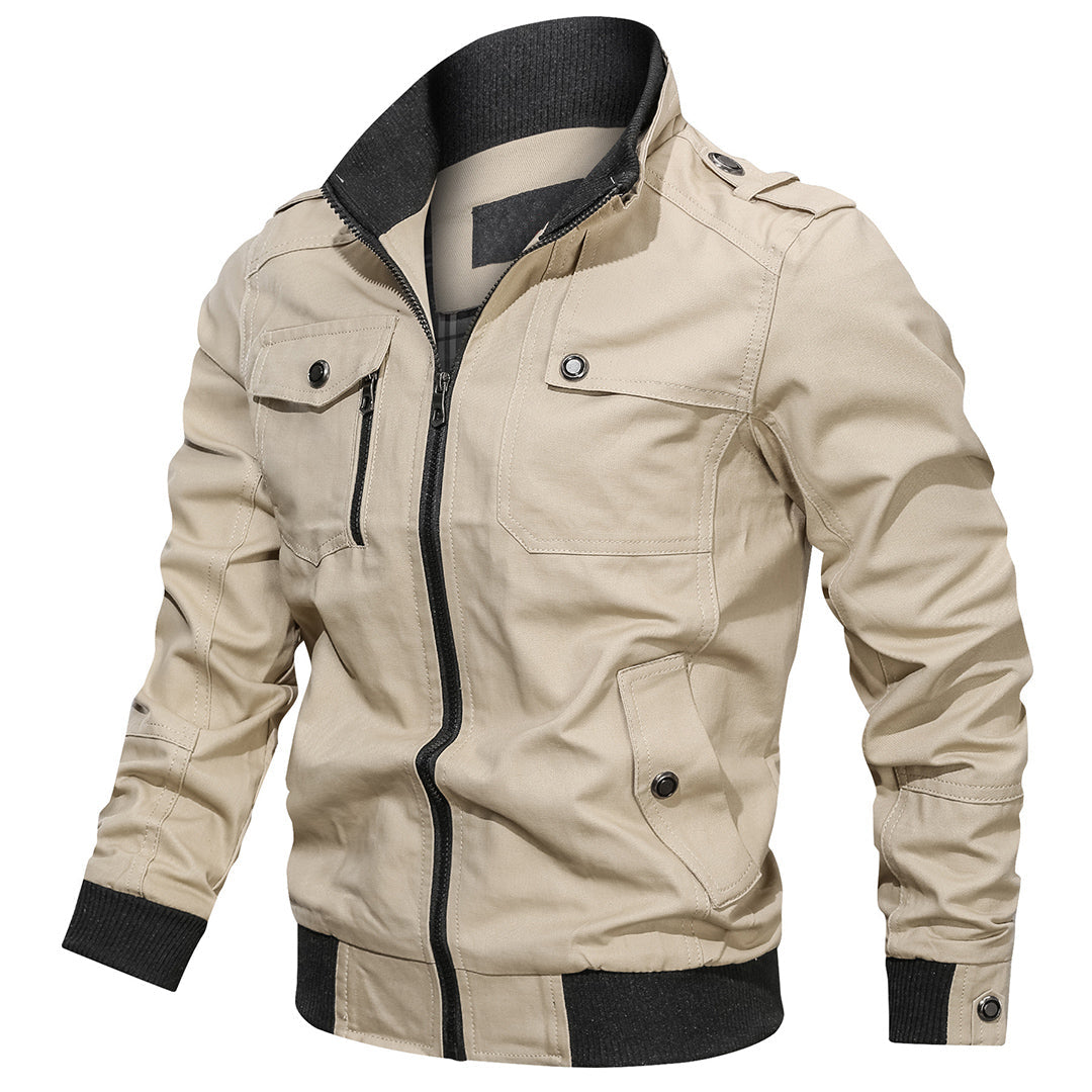 Men's multi-pocket bomber jacket durable outerwear with ribbed cuffs and structured silhouette