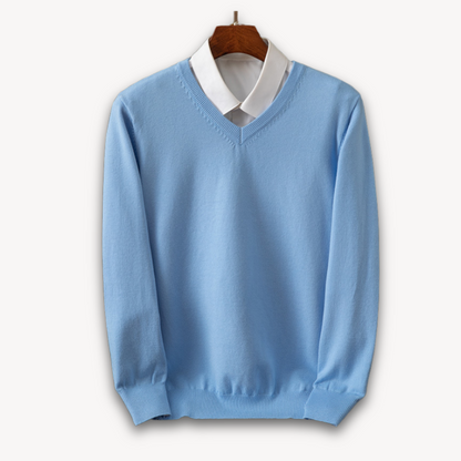 Men's navy blue slim fit V-neck sweater in soft knit with ribbed edges for versatile layering