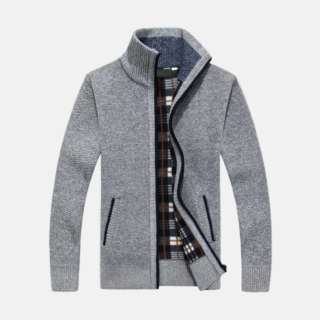 Men's fleece-lined knit jacket regular fit casual layering piece for fall warmth and versatility
