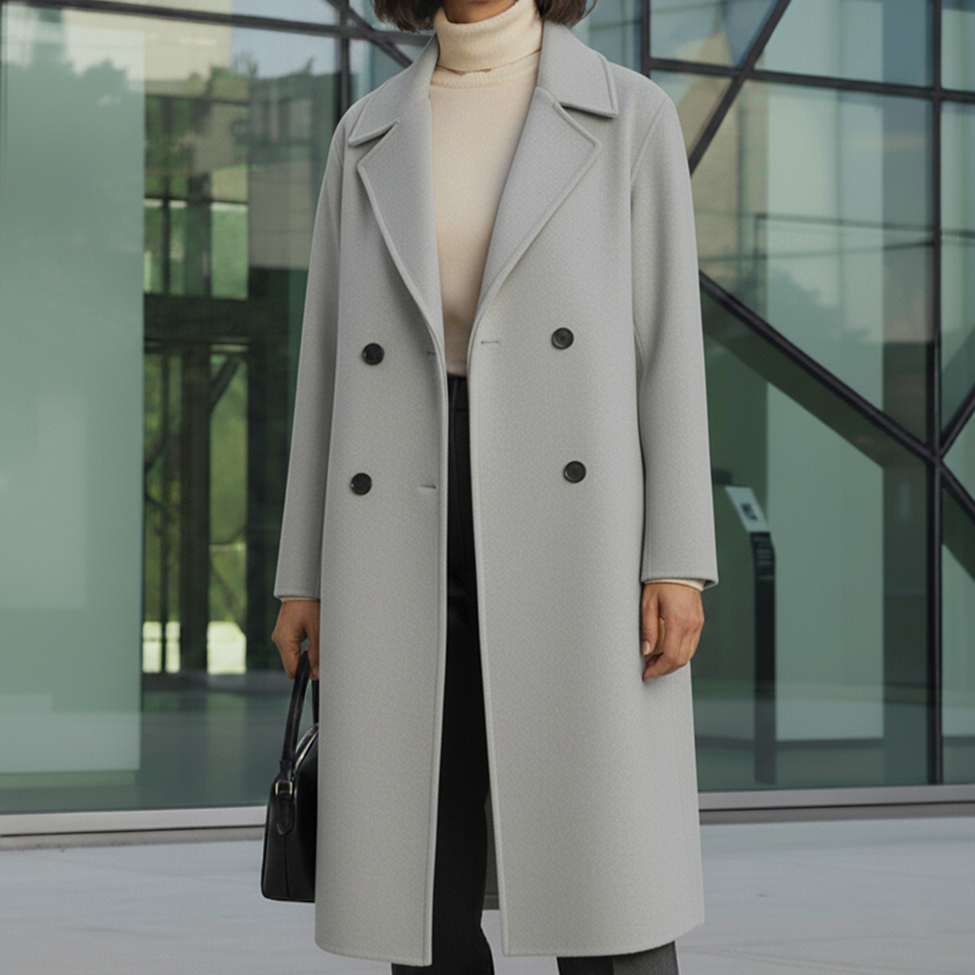 Women's beige double-breasted knee-length trench coat with large lapels, elegant sophisticated fit