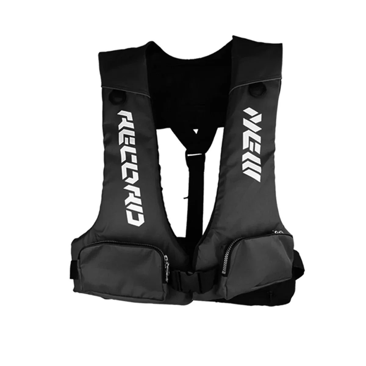 Lightweight fishing buoyancy vest in neutral tones, slim-fit design with multiple zippered front pockets