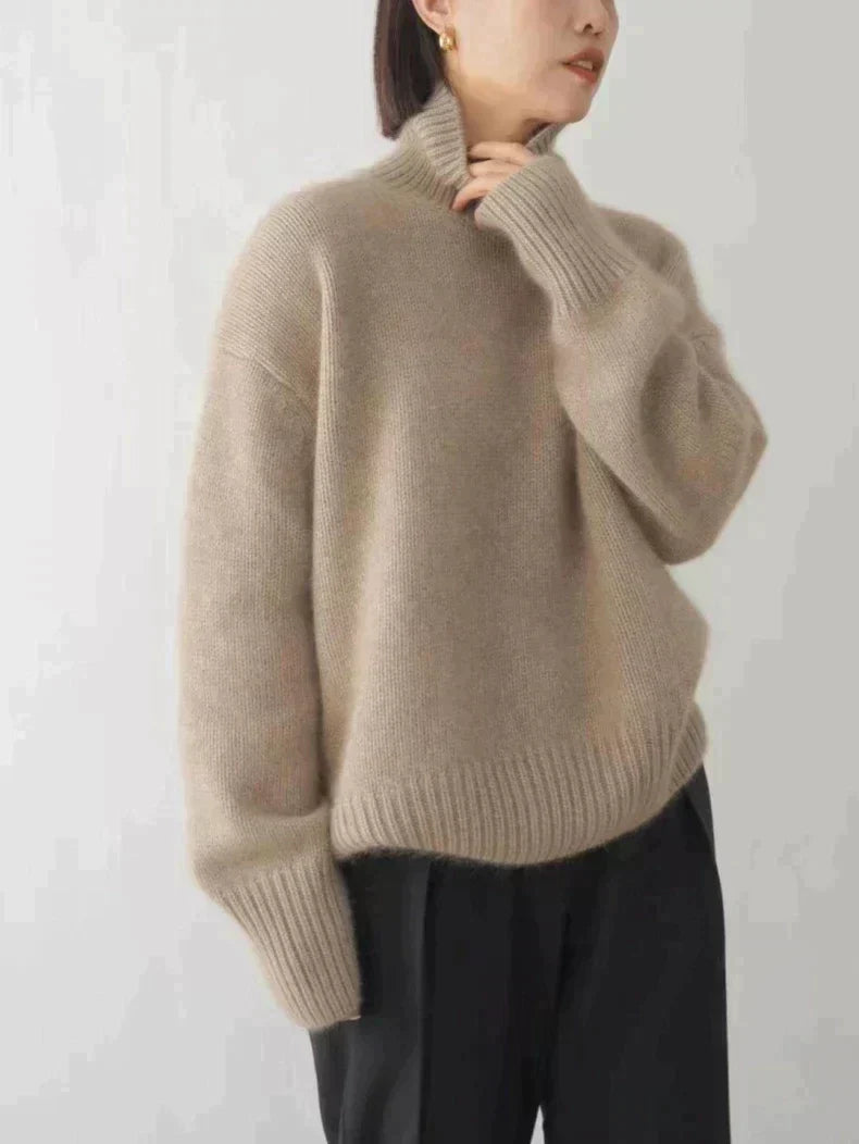 Monika cream high collar cashmere sweater with smooth silhouette and classic flattering fit