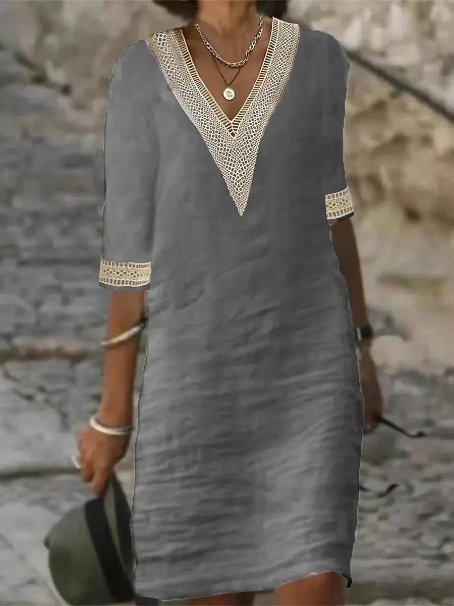 Women's beige linen blend V-neck dress, knee-length relaxed fit with breathable summer fabric