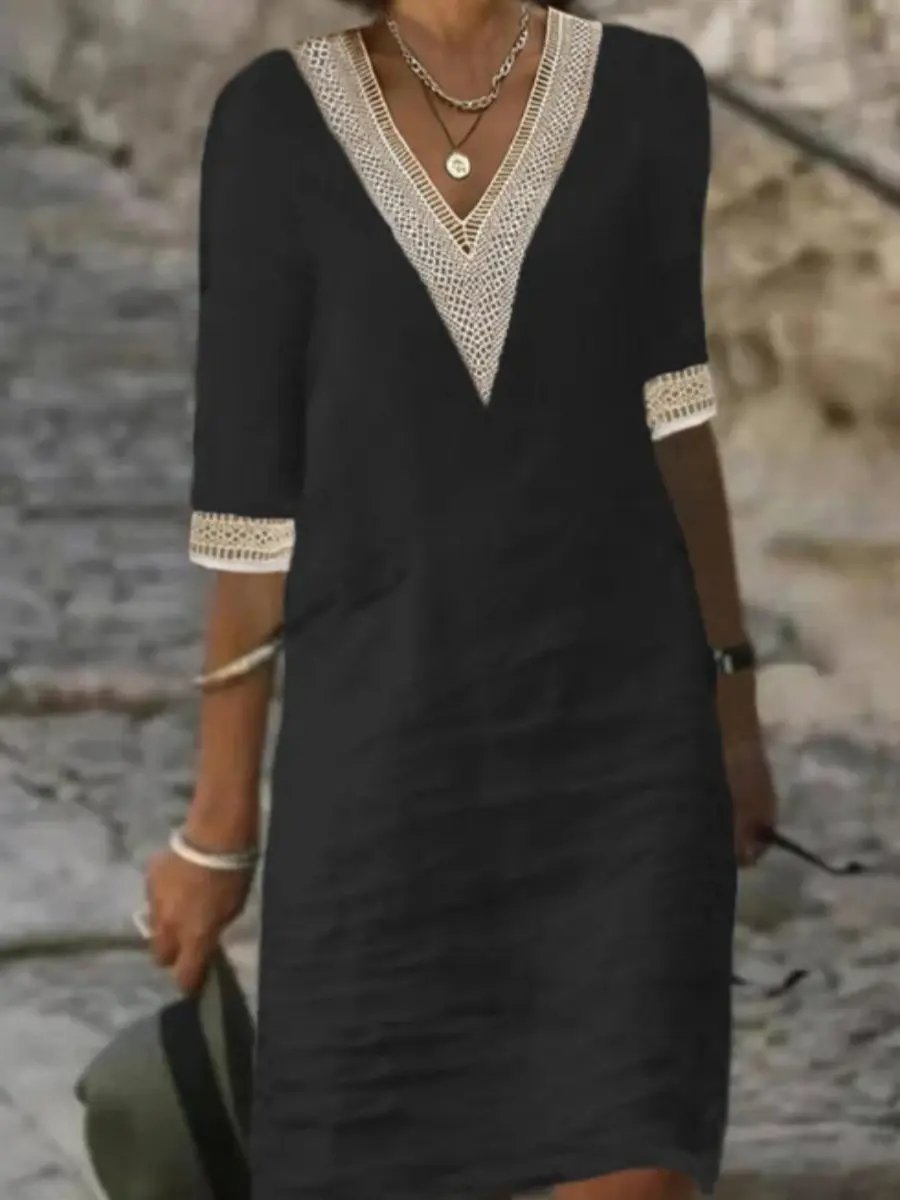 Women's beige linen blend V-neck dress, knee-length relaxed fit with breathable lightweight fabric