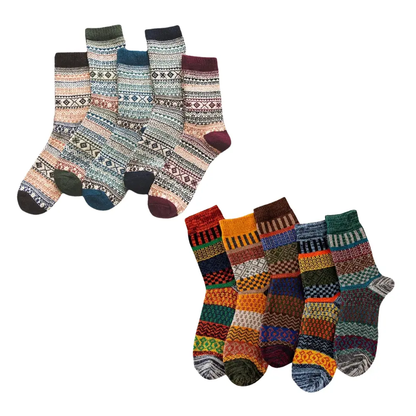 Men's thick sheep wool winter knit socks with colorful retro vintage patterns for snow boots