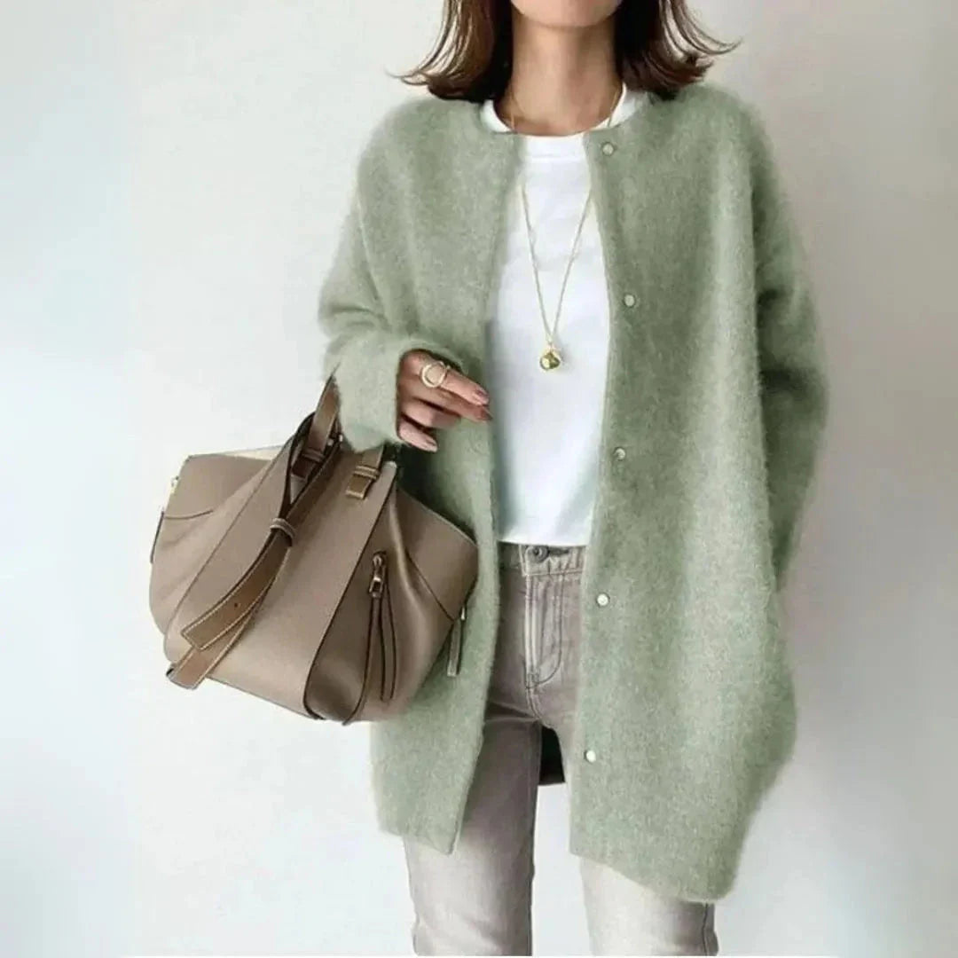 Liora oversized wool blend button-down cardigan with long sleeves and relaxed silhouette