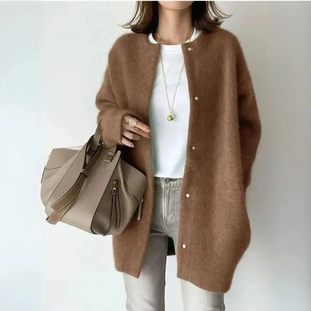 Liora oversized wool blend button-down cardigan with long sleeves and relaxed silhouette