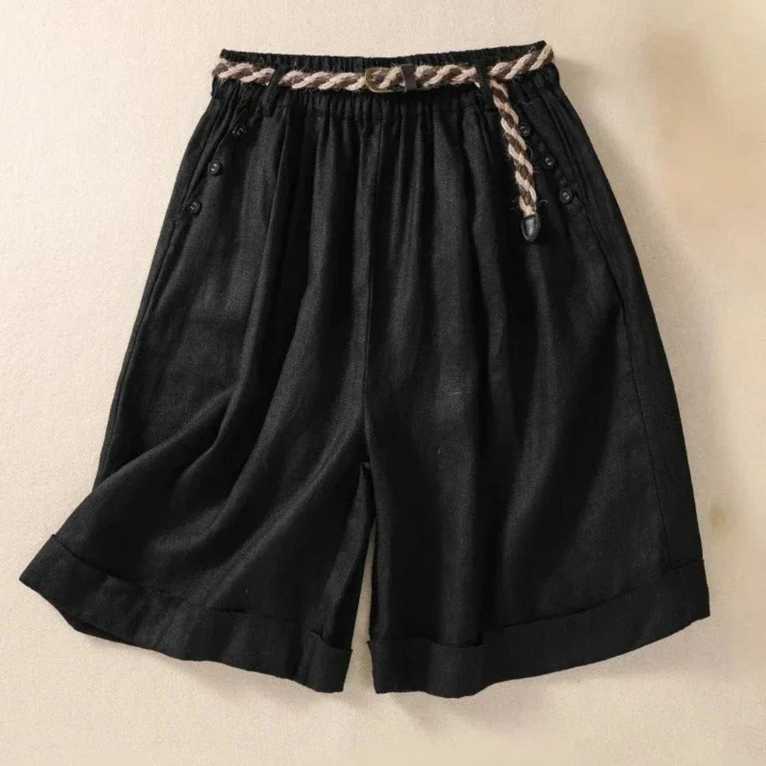 Natural linen shorts relaxed fit with rope belt and front button detail for breezy summer style
