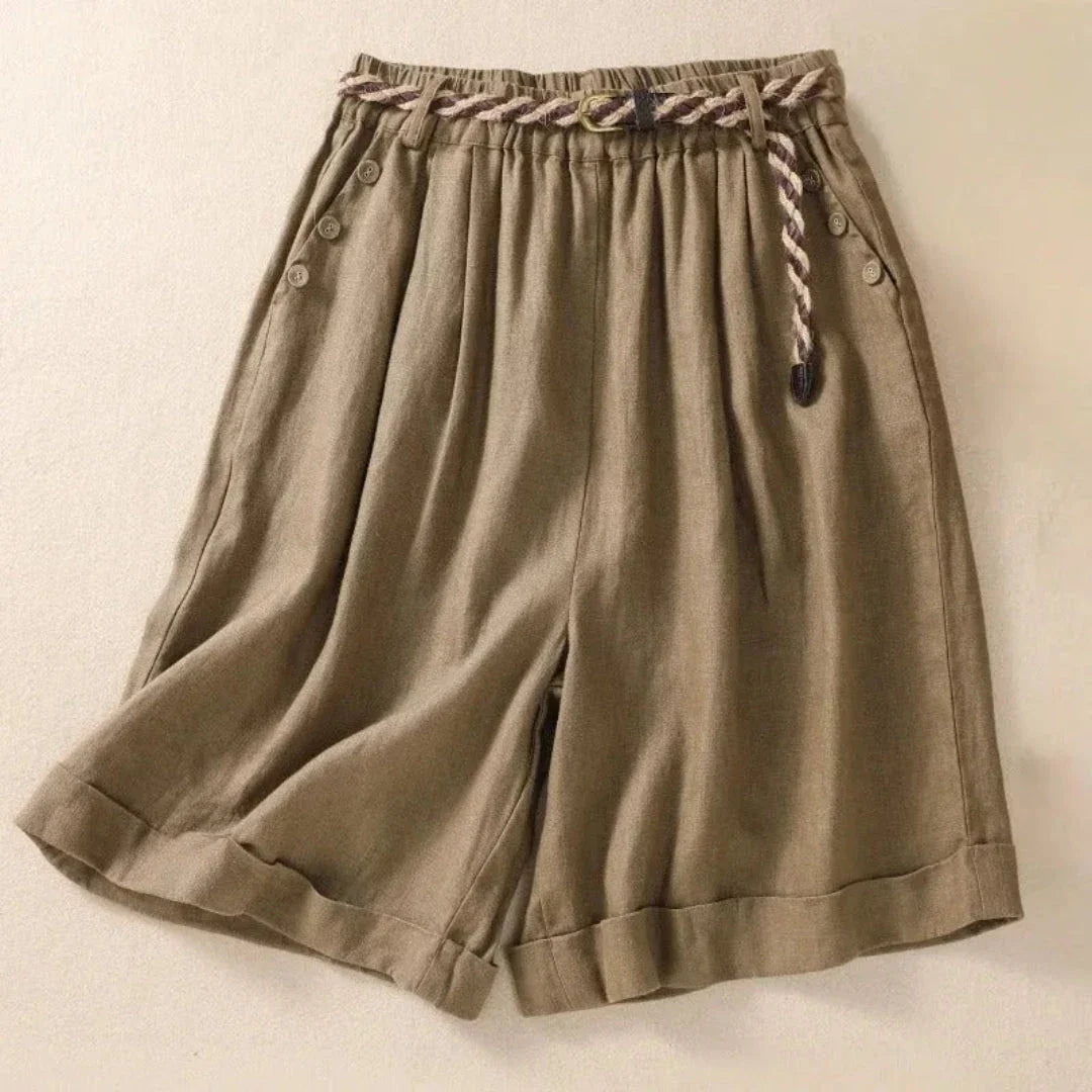 Beige linen relaxed-fit shorts with rope belt and front button detail for women