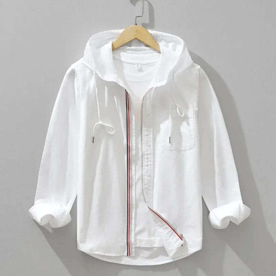 Beige linen hoodie-shirt hybrid with front zip and tricolor accent detail for casual everyday wear