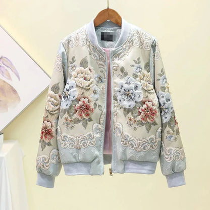 Women's black satin bomber jacket with 3D floral embroidery, ribbed cuffs, and front zip closure