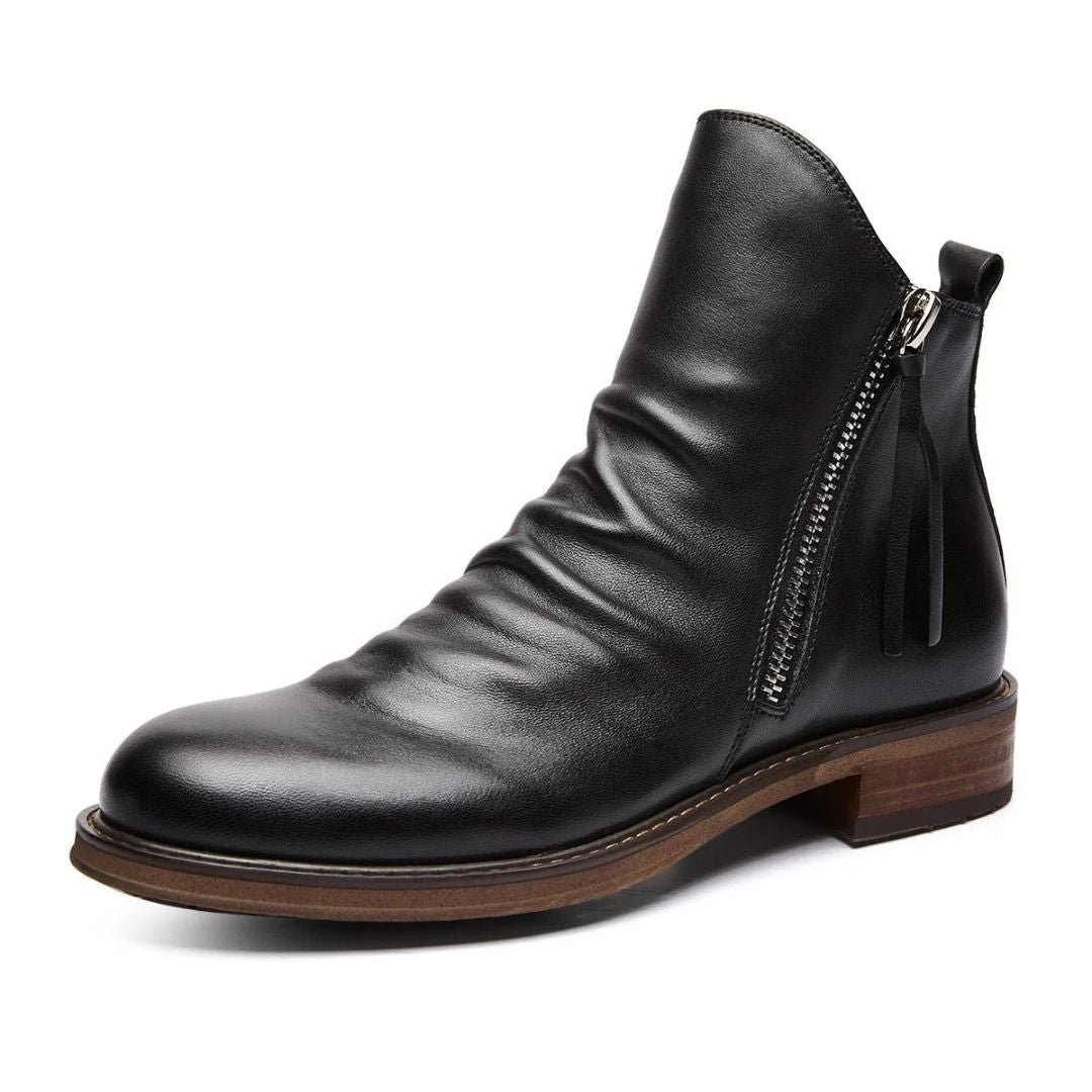 Logan ankle boots genuine leather side zip closure stacked heel rubber sole rugged style footwear