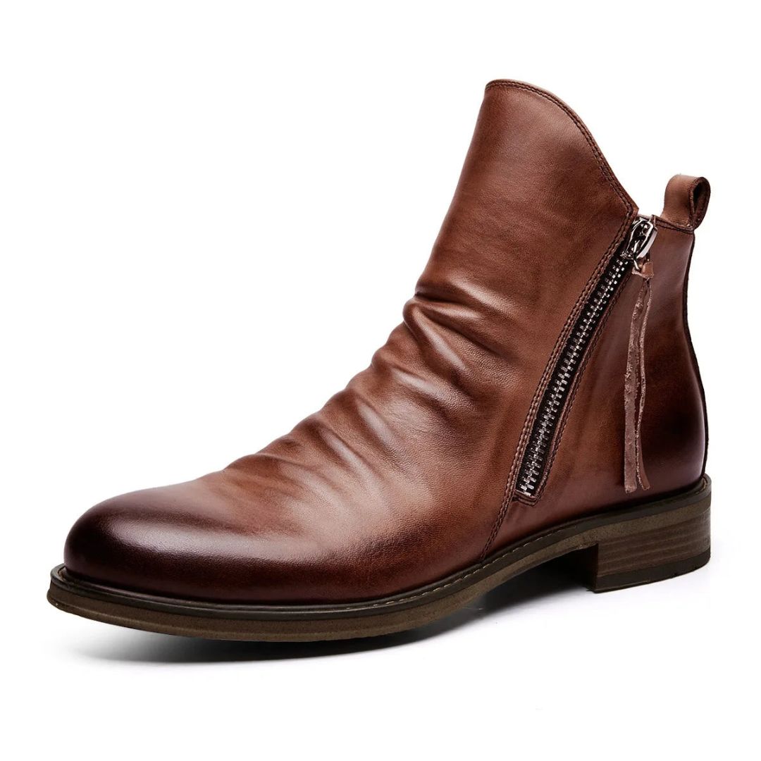 Logan side zip ankle boots in premium leather with stacked heel and rugged refined style