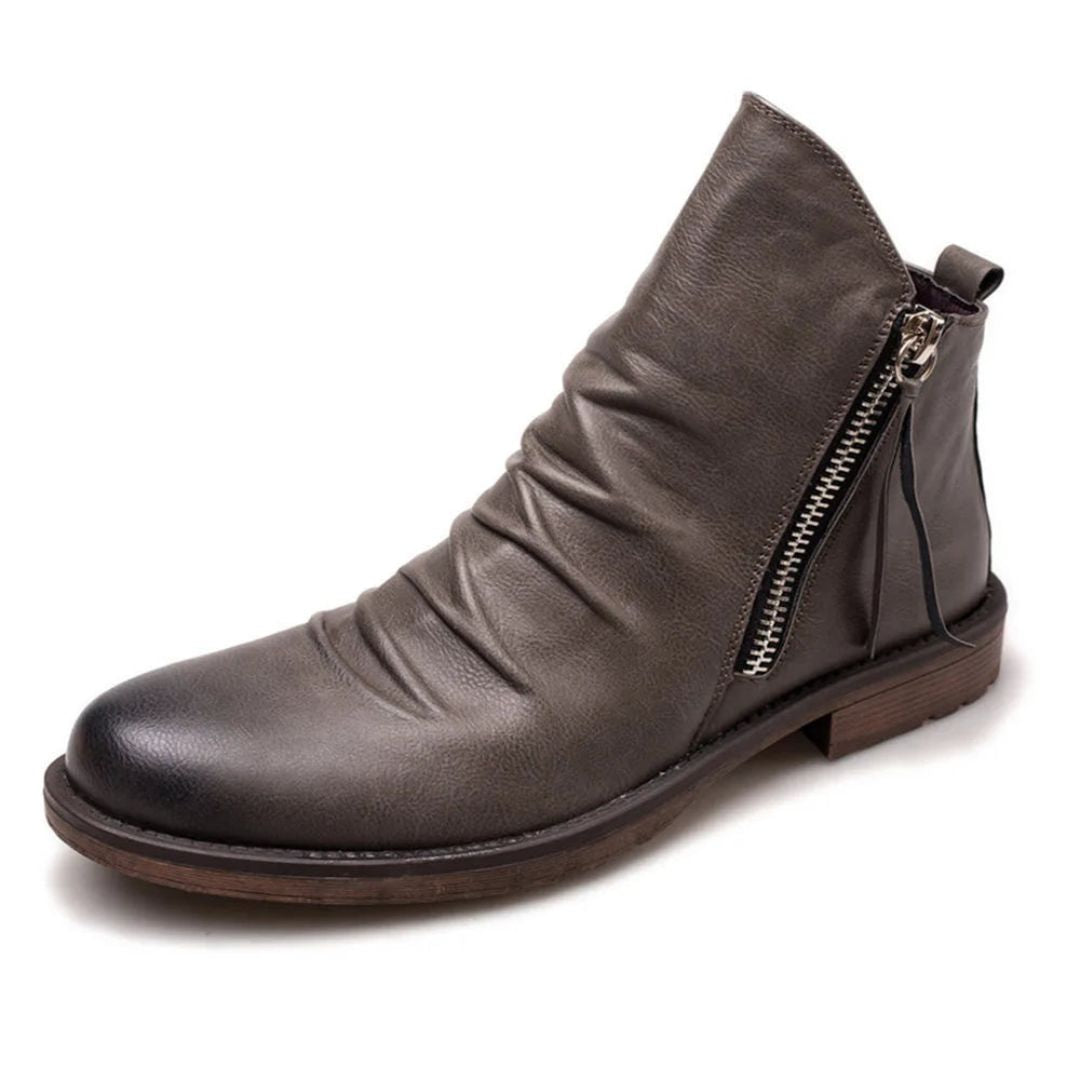 Logan side zip ankle boots in premium leather with stacked heel and rugged refined style