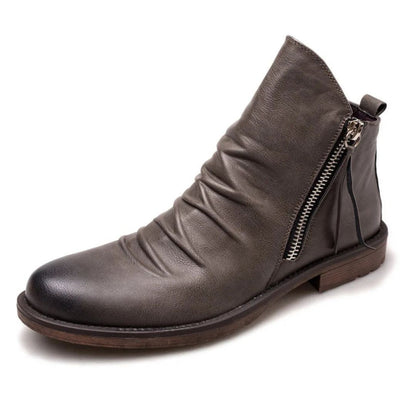Logan side zip ankle boots in premium leather with stacked heel and rugged refined style