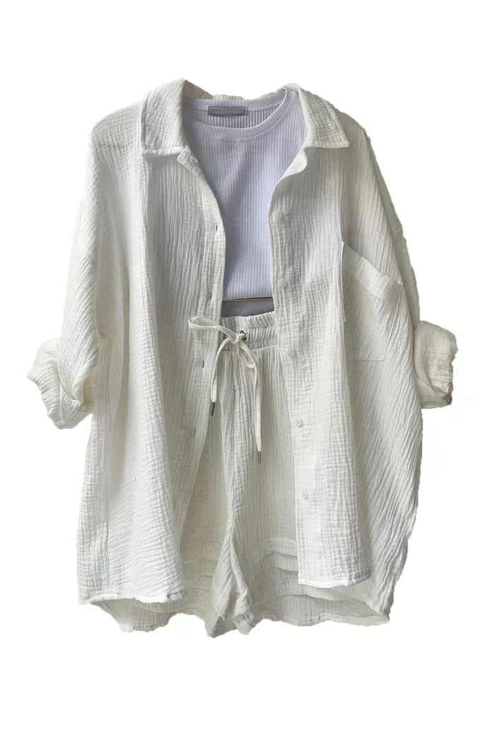 Evelyn two-piece summer lounge set in bold color with rolled-sleeve button-up relaxed fit