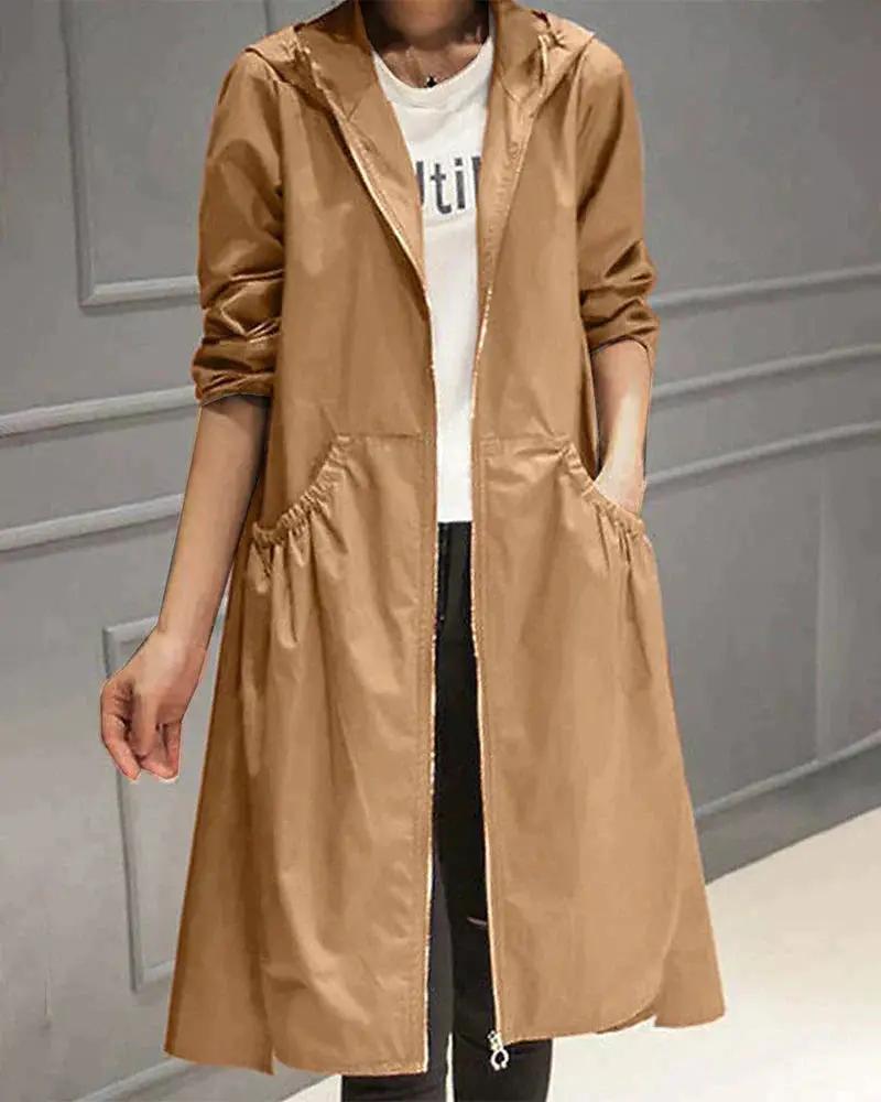 Women's long waterproof raincoat full-zip adjustable hood weatherproof stylish rain jacket