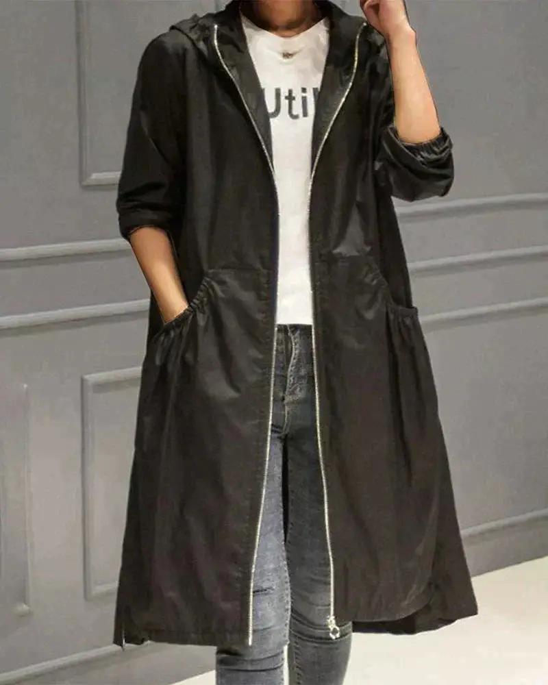 Women's long waterproof raincoat full-zip adjustable hood weatherproof stylish rain jacket