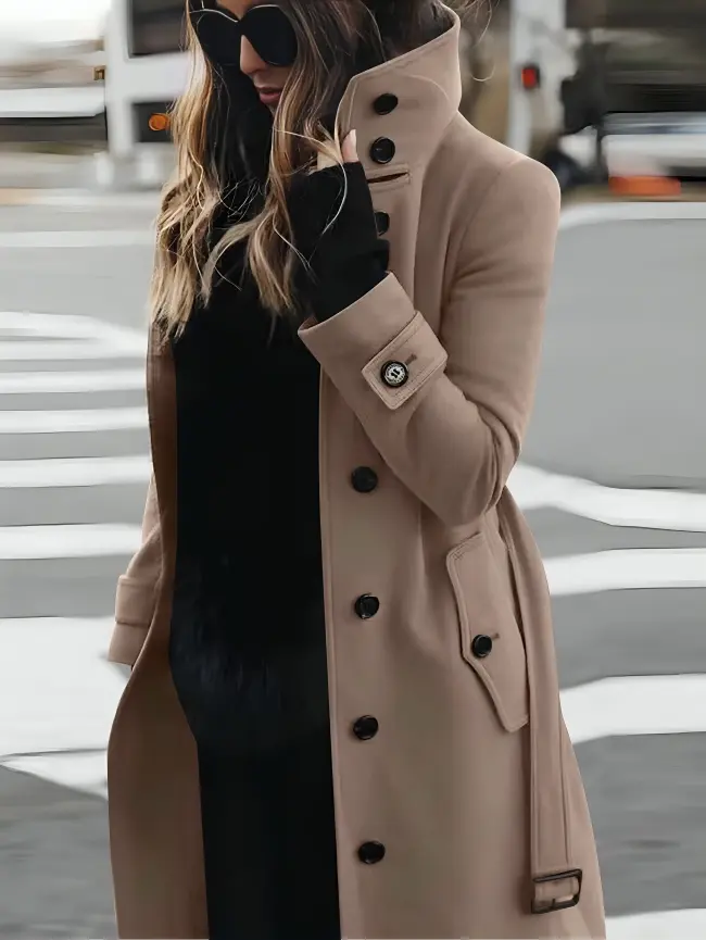 Women's longline coat high collar tie belt sleek refined silhouette elegant versatile