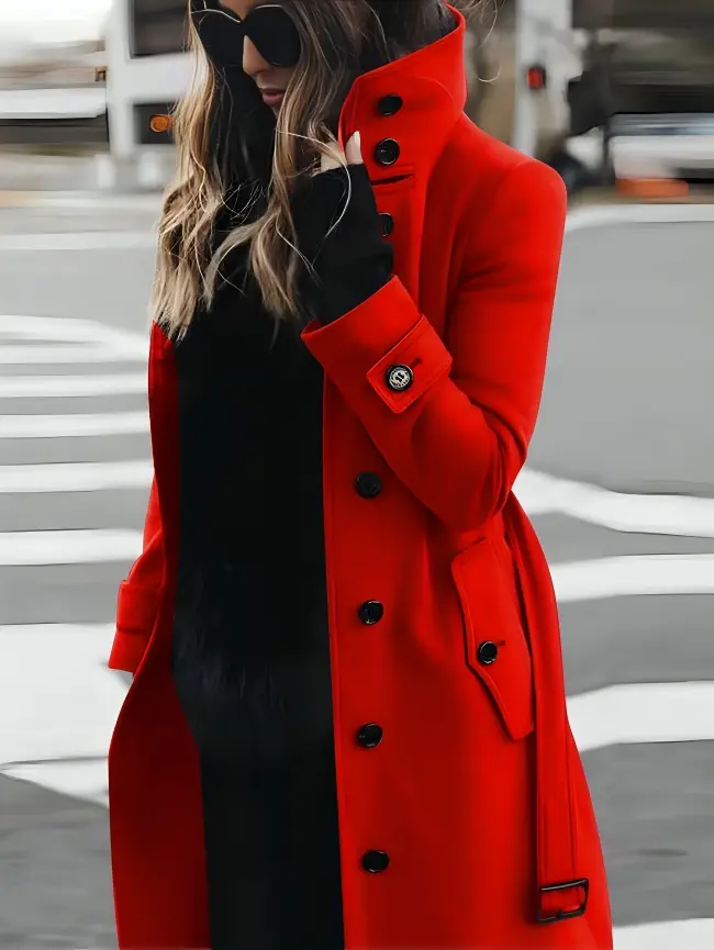 Women's longline coat high collar tie belt sleek refined silhouette elegant versatile