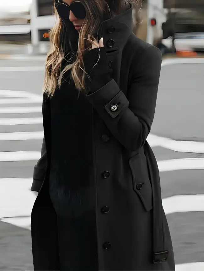 Women's longline coat high collar tie belt sleek elegant silhouette versatile professional style