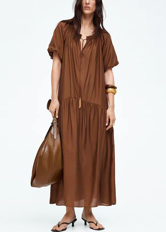 Robe longue ample marron en coton à volants et lacets pour l'été – Wavlynn