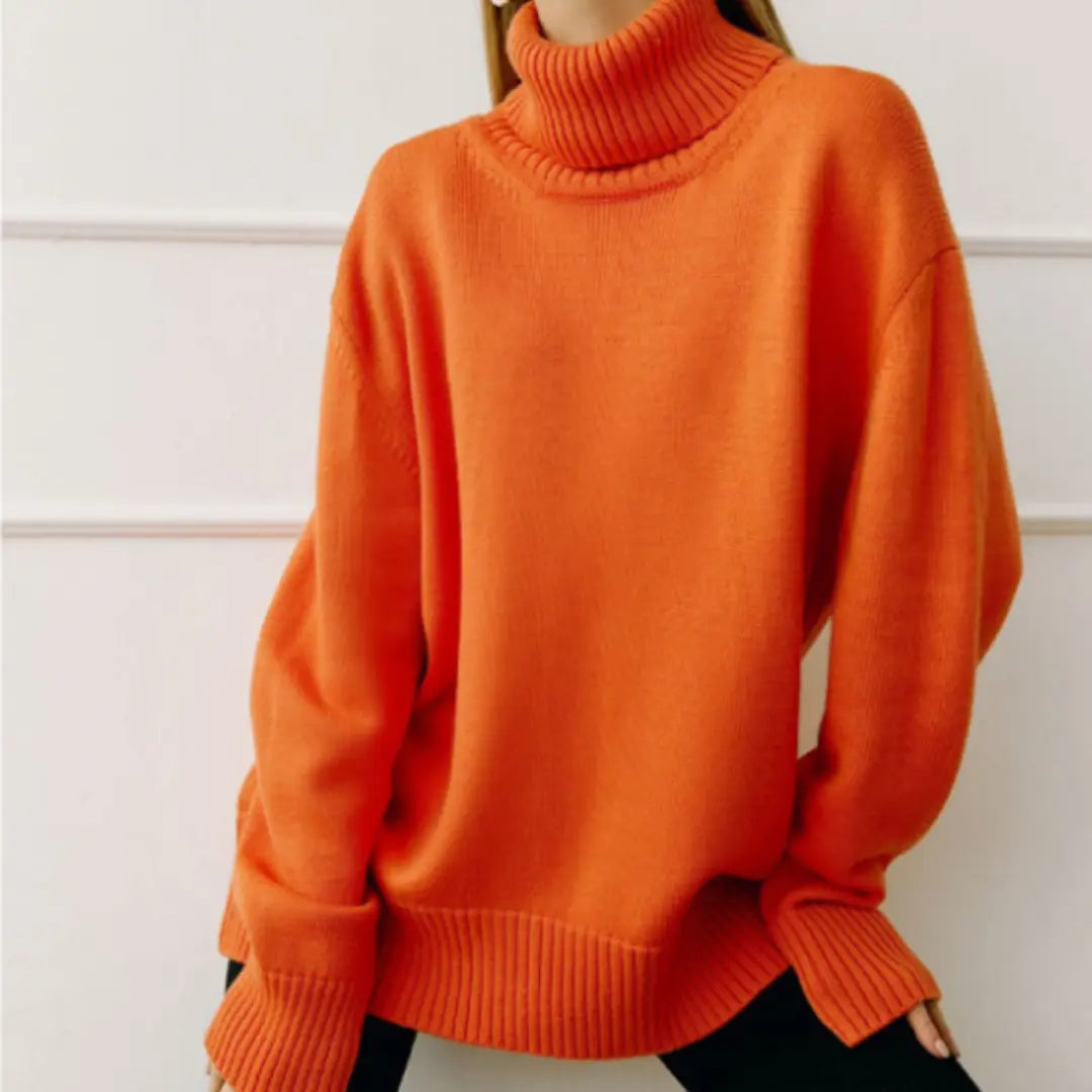 Women's loose knit turtleneck sweater relaxed fit soft acrylic cozy fall winter pullover