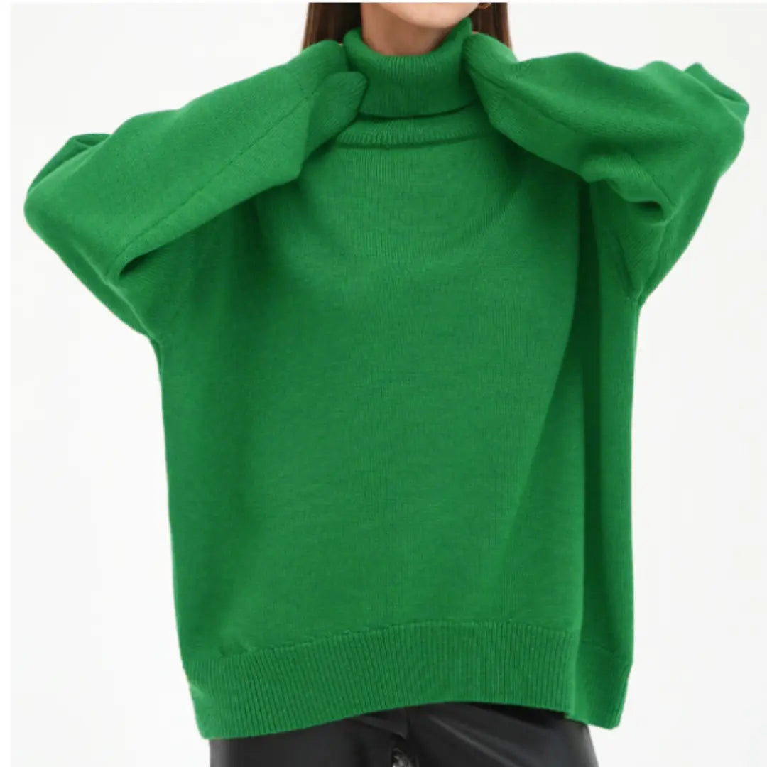 Women's loose knit turtleneck sweater relaxed fit soft acrylic cozy fall winter essential