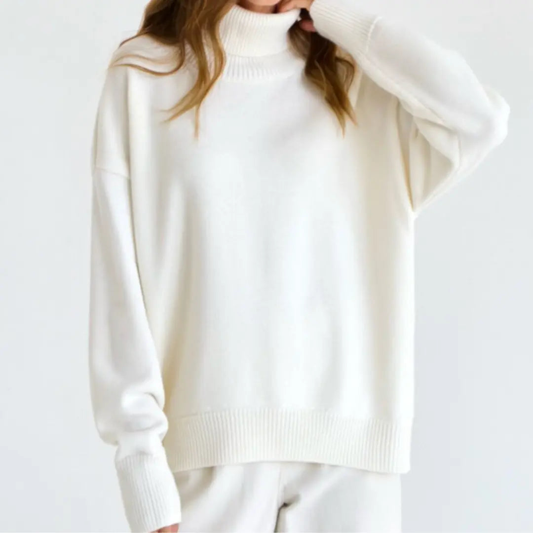 Women's loose knit turtleneck sweater relaxed fit soft acrylic cozy fall winter style