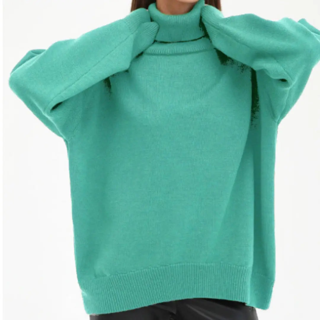Women's loose knit turtleneck sweater relaxed fit soft acrylic cozy fall winter style